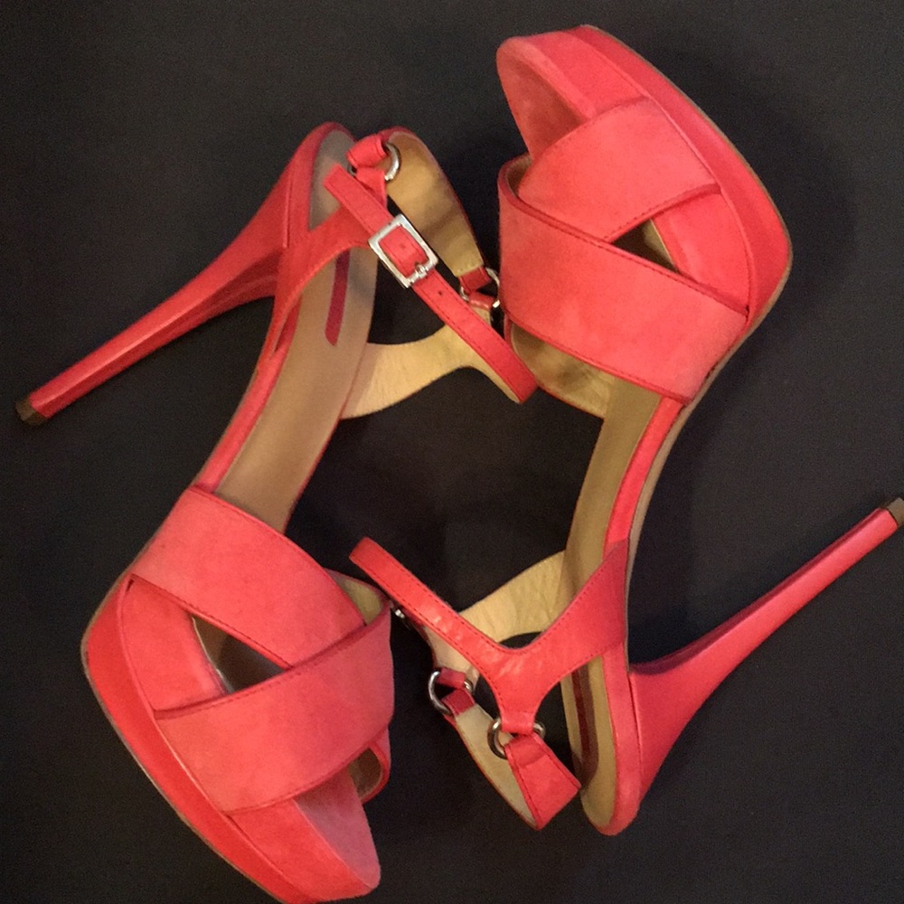 Longchamp Coral Pink Suede Platform Stiletto Heels
